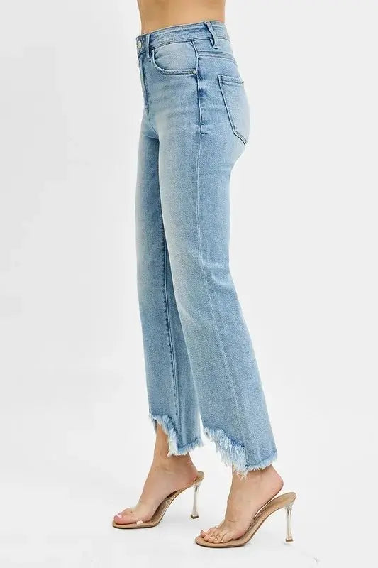 RISEN High Rise Crop Bootcut Fray Hem Jeans for Women - Love Salve